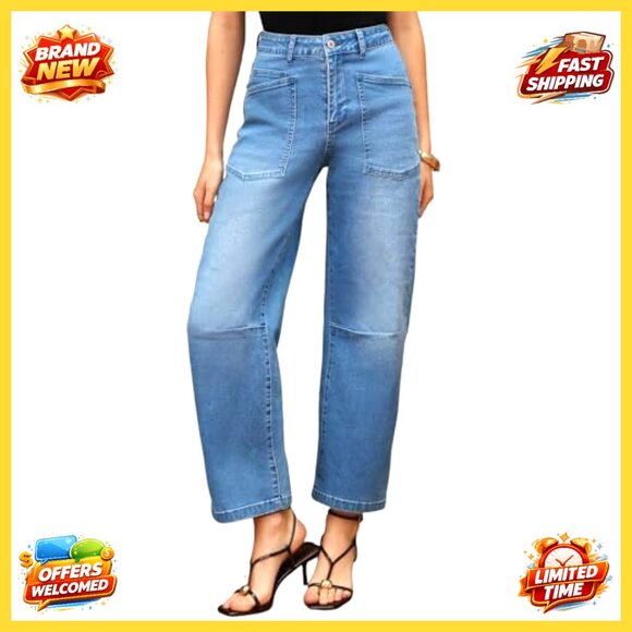 High Waisted Baggy Barrel Jeans Wide Leg Ankle Pants Stretch Denim - Picture 3 of 7